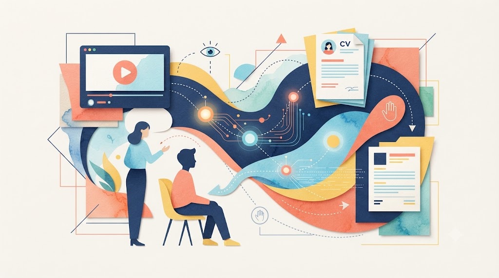 Percorso visuale di feedback formativo con supporto AI responsabile, CV, colloquio e orientamento dello studente.