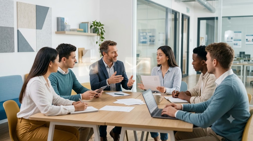 Tutor e studenti discutono materiali di orientamento, CV e feedback formativo durante una sessione Career Lab.